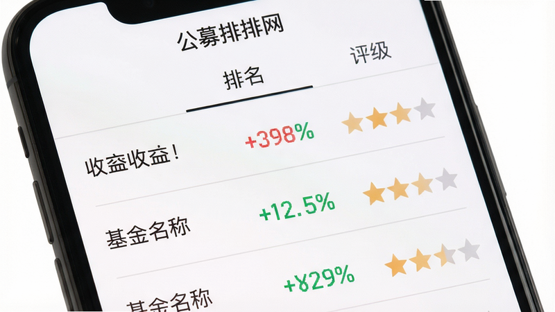 主体:手机屏幕上显示基金排名列表,首行标注“公募排排网”标题,列表项包含基金名称、收益率、评级星标;布局:竖排列表,每行用浅灰分隔线,顶部有“排名”导航标签;风格:数据可视化,色彩柔和,字体清晰;细节:收益率用红色和绿色数字区分涨跌,星级评分用半透明星形填充;画质:高分辨率,背景纯白,无多余元素。