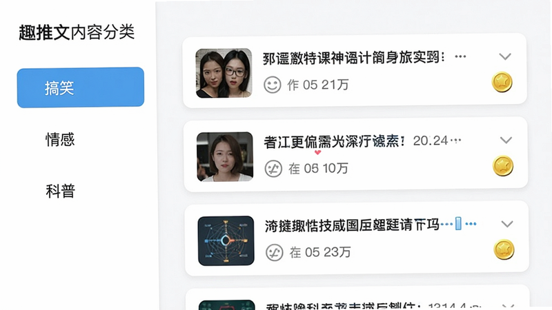 展示趣推文内容分类界面,左边栏列出“搞笑”、“情感”、“科普”等标签,右侧显示对应推文卡片,卡片上有标题、作者和金币图标,风格清新,排版整洁,背景白色,细节清晰,画质细腻,无多余元素。