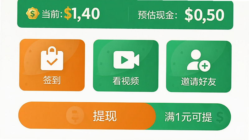 展示趣推文收益中心界面,顶部显示当前金币余额和预估现金,中间是“签到”、“看视频”、“邀请好友”三个任务图标,底部有“提现”按钮,旁边标注“满1元可提”,整体风格简洁,数字突出,色彩橙绿搭配,画质清晰,排版合理,无多余元素。