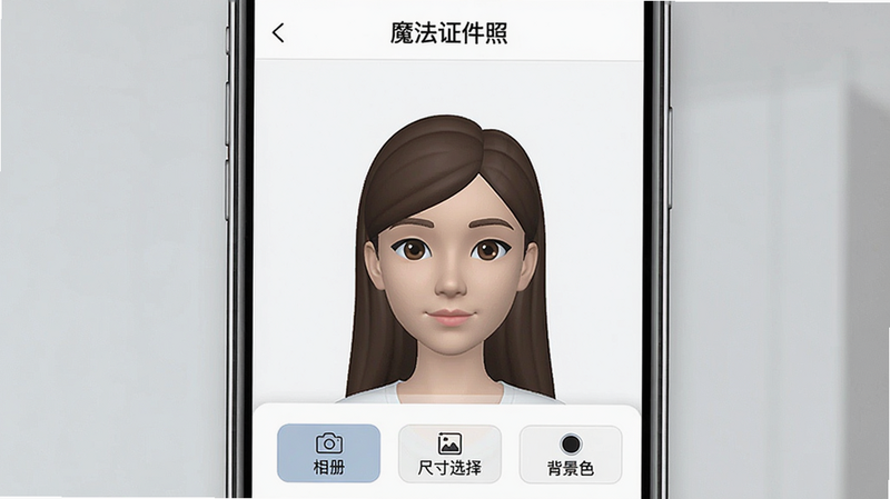 生成一张手机界面截图,展示魔法证件照软件的主界面,标题栏显示‘魔法证件照’,中间有一个虚拟人物头像,周围有功能按钮如‘拍照’、‘相册’、‘尺寸选择’、‘背景色’等,界面布局简洁,现代风格,白色背景,画质清晰,无多余元素。