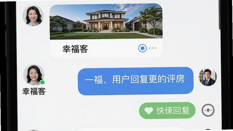 画面主体为“幸福客”聊天界面,左侧为经纪人头像和姓名,右侧为用户消息气泡。布局采用上下结构,顶部有房源卡片缩略图,风格为社交软件聊天风格,细节显示已读标记、快捷回复按钮,画质干净字体清晰,无多余元素。