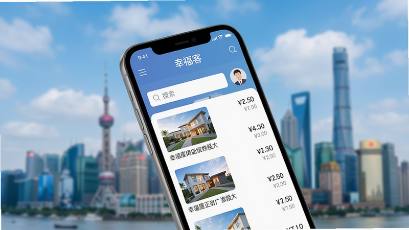 画面主体为手机屏幕上显示“幸福客”APP主界面,背景是模糊的城市天际线与蓝天白云。布局采用居中构图,手机略微倾斜,屏幕内清晰呈现房源列表、搜索框和经纪人头像。排版简洁干净,风格偏向现代扁平化UI设计,细节展示导航栏、房源图片缩略图及价格标签,画质细腻逼真,色彩柔和自然,无多余元素。