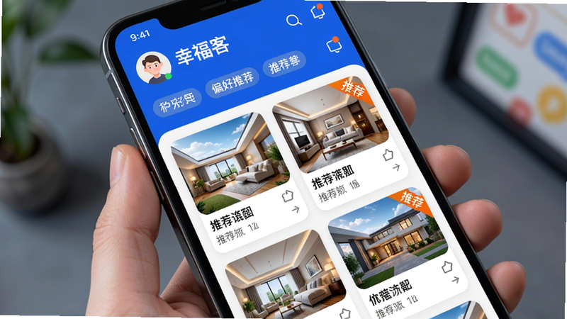 画面主体为手机屏幕显示“幸福客”智能推荐页面,顶部有用户头像和偏好标签,下方为推荐房源瀑布流。布局采用竖排滑动式,风格现代科技感,细节展示房源卡片带有“推荐”角标,画质清晰色彩鲜艳,无多余元素。