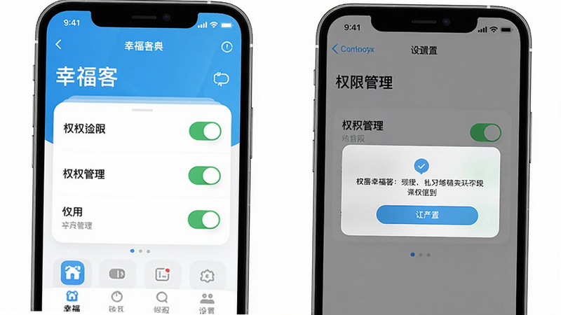 画面主体为两部手机并排放置,左侧运行“幸福客”首页,右侧显示设置界面中的权限管理。布局对称,风格简洁明快,细节展示权限开关状态和弹窗提示,画质高清干净,无多余元素。