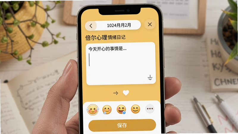 倍尔心理 情绪日记编辑界面,手机屏幕顶部有日期选择,中间为输入框,底部有表情选择栏和