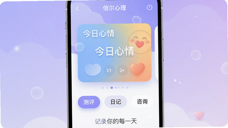 倍尔心理 app 主界面,手机屏幕中央显示