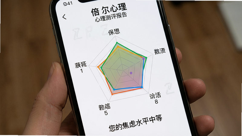 倍尔心理 心理测评报告页面,手机屏幕显示雷达图展示各项得分,下方有文字