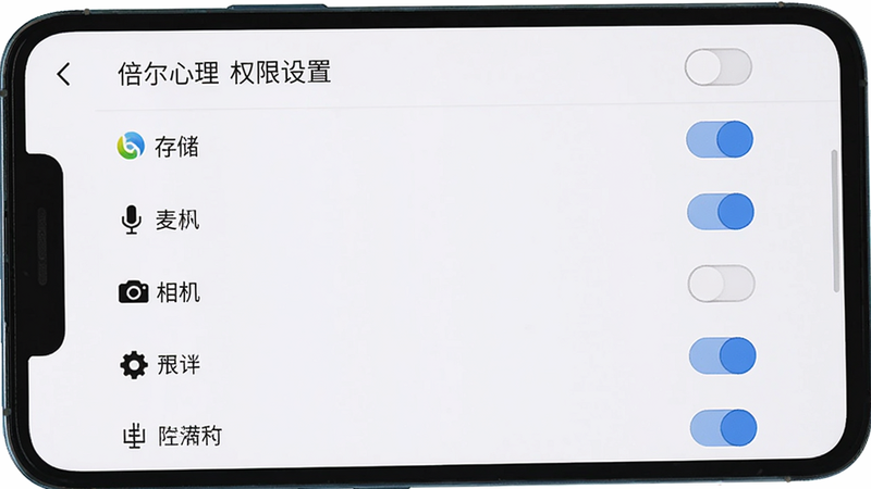 倍尔心理 安卓版 权限设置界面,手机屏幕显示应用权限列表,包括存储、麦克风、相机等,每个权限右侧有开关按钮,背景白色,画质清晰,文字
