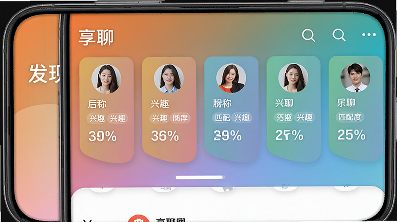 智能匹配功能示意图:一张手机截图展示享聊的“发现”页面,上部显示推荐用户卡片,每张卡片包含头像、昵称、兴趣标签和匹配度百分比,背景为渐变色,布局整齐,画质清晰,无多余元素