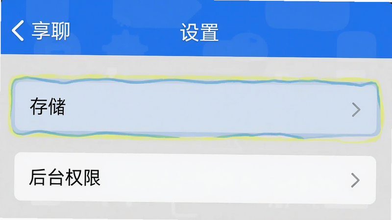 手机截图展示享聊的“设置”页面,突出“存储”和“后台权限”选项,界面整洁,文字清晰,画质干净