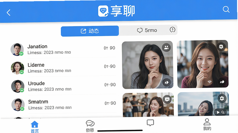 主界面展示:享聊应用首页截图,顶部为“享聊”logo,中部是聊天列表与动态选项卡,底部导航栏清晰,整体风格简洁明亮,采用蓝白配色,界面干净无多余元素,画质高清