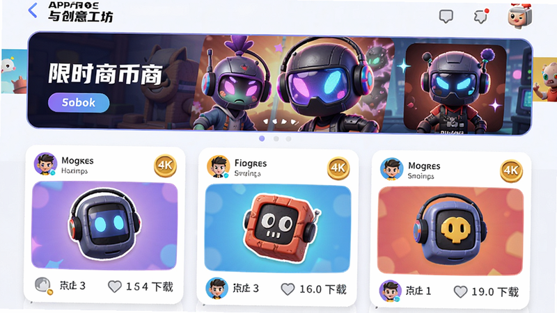 主体:互逗APP逗币商城与创意工坊界面;布局:上方为商城Banner展示限时皮肤,下方为瀑布流展示用户创作的动作包;风格:游戏化UI,色彩鲜艳,按钮圆润;细节:每个作品卡片显示作者头像、点赞数、下载数,右上角逗币图标;画质:4K,干净无多余元素