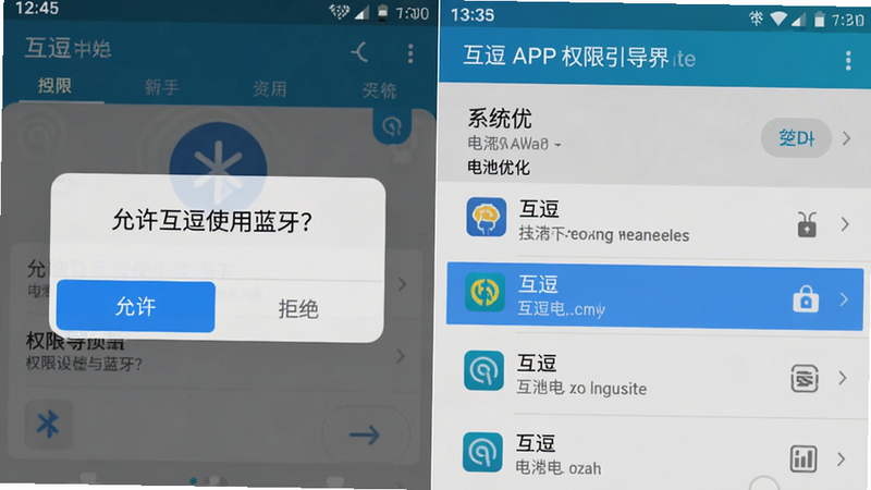 主体:互逗APP新手引导界面与权限设置示意图;布局:左右分屏,左图显示权限弹窗“允许互逗使用蓝牙?”,右图显示系统设置中的电池优化列表;风格:系统截图风格,真实感强;细节:弹窗有“允许”和“拒绝”按钮,电池优化列表高亮“互逗”行;画质:清晰无杂点