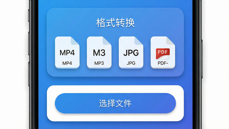 主体为“格式转换工具”的手机应用界面截图,居中显示,界面采用卡片式布局,上半部分显示“格式转换”标题和常用格式图标(如MP4、MP3、JPG、PDF),下半部分为“选择文件”按钮,背景为渐变蓝色,风格简洁现代,细节处有圆角边框和阴影效果,画质高清,干净无多余元素