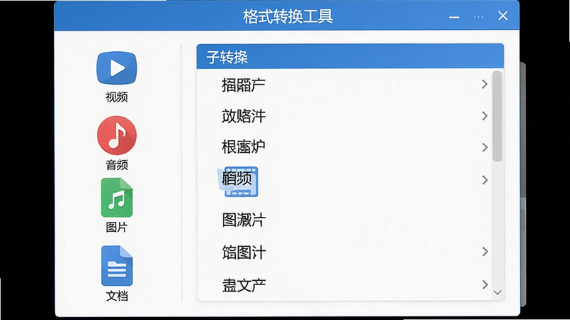主体为“格式转换工具”的格式选择界面,左侧排列各类格式图标(视频、音频、图片、文档),右侧为展开的子格式列表,布局左右对称,风格扁平化,配色采用蓝白主色,细节处每个格式图标下方有中文标签,画质清晰,无多余元素