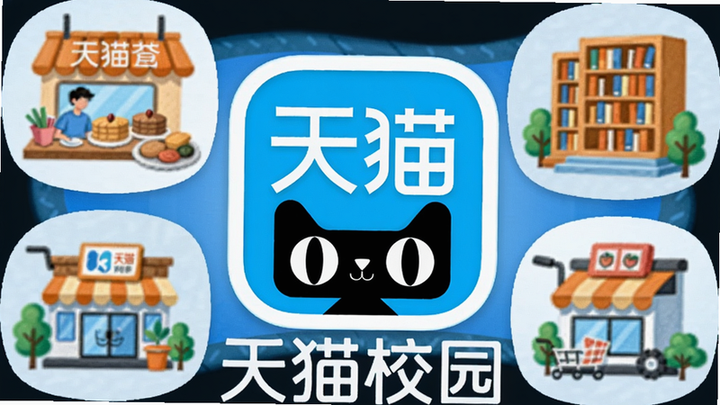 一幅以大学校园为背景的插画,中央是“天猫校园”APP的图标,图标周围环绕着食堂、图书馆、超市等校园场景图标,整体风格清新明快,色彩以蓝色和橙色为主,构图居中,细节丰富,画质清晰,画面干净无多余元素,文字“天猫校园”显眼。