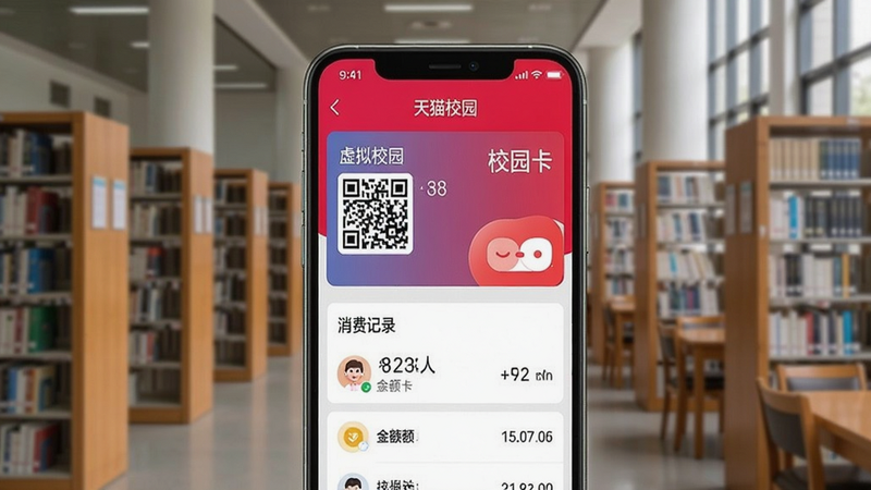 一张手机屏幕显示虚拟校园卡界面,包含二维码、余额显示和消费记录列表,背景是校园图书馆,风格写实,UI清晰,文字“天猫校园”和“校园卡”可见,画质干净。