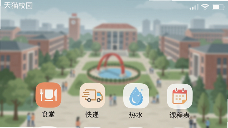 手机屏幕截图显示天猫校园APP界面,包含“食堂”、“快递”、“热水”、“课程表”等图标,背景是模糊的大学校园,风格扁平化,UI设计整洁,色彩柔和,画质清晰,无多余元素,文字“天猫校园”出现在状态栏。