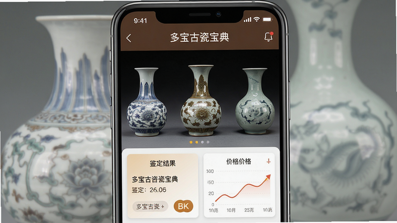 主体为一部智能手机屏幕,屏幕上清晰展示“多宝古瓷宝典”APP的主界面,中央陈列着几件精美古瓷图片,下方有鉴定结果卡片和价格走势图;布局采用中心对称,排版紧凑有序;风格为写实摄影与UI融合,细节包括瓷器纹路、釉面反光;画质为8K超高清,干净无多余元素,屏幕上方显示“多宝古瓷宝典”中文标题