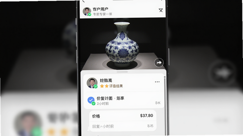 主体为APP专家问答界面,上方是用户上传的瓷器照片,下方是专家回复卡片,包含头像、姓名、评级结果和价格;布局为纵向聊天流,排版清晰;风格为社交软件与知识平台结合;细节包括专家认证标识、回复时间戳;画质高清,背景干净无杂色