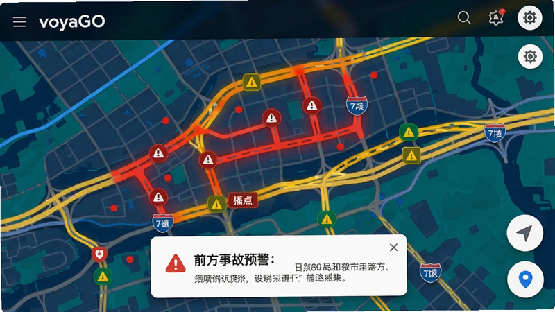 VoyaGO 实时路况预警界面,地图上显示红色拥堵区域和黄色缓行路段,底部有预警弹窗提示前方事故,画质清晰,色彩鲜明,无多余元素