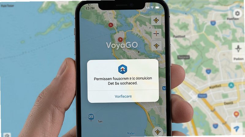 VoyaGO 使用指南安装界面,手机屏幕上显示权限请求弹窗,背景为地图界面,风格写实,画质高清,无多余元素