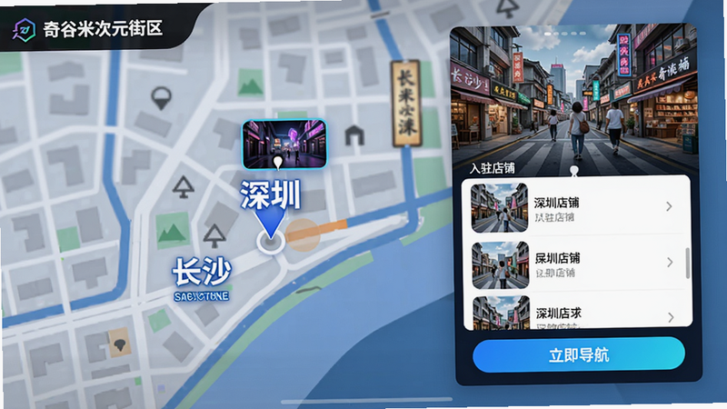 奇谷米次元街区导航页面,地图上标有长沙、深圳两个地点,点开后有街区实景图、入驻店铺列表及“立即导航”按钮,风格潮流,画质高清