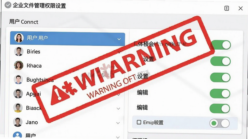 企业文件管理权限设置界面,显示用户列表和权限选项,有只读、编辑开关,红色警告水印设置,清晰明了