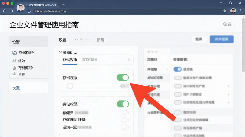 企业文件管理使用指南截图,展示设置页面中的存储权限开关,红色箭头标注,干净界面
