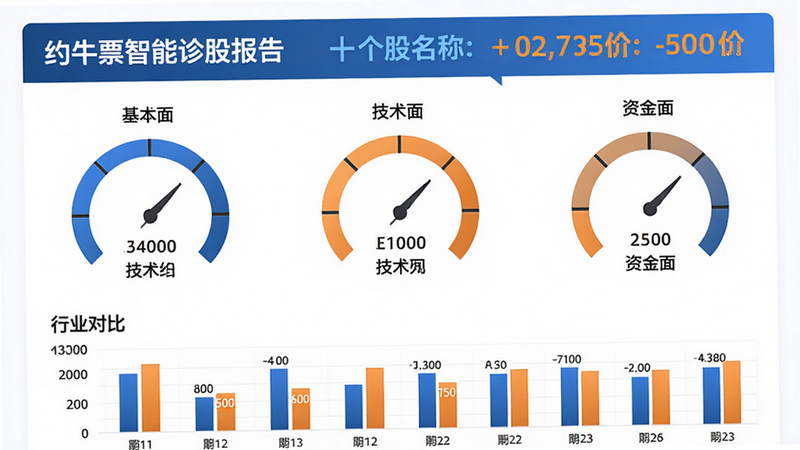 约牛股票智能诊股报告页面,上方为个股名称和当前股价,中间依次为基本面、技术面、资金面三个圆形仪表盘,下方为行业对比柱状图。背景白色,蓝色和橙色数据标注,干净商务风格,画质高清