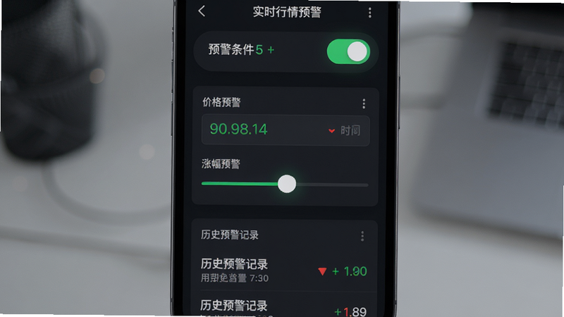 约牛股票实时行情预警设置界面,手机竖屏,顶部为预警条件开关,中部为价格预警输入框和涨幅预警滑块,底部为历史预警记录列表。背景深色,绿色和红色指示灯,极简科技风格,画质细腻