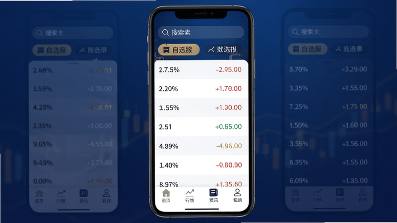 约牛股票App主界面,手机竖屏显示,顶部有搜索栏和自选股标签,中间为股票列表含涨跌幅数据,底部导航栏包含首页、行情、资讯、我的四个图标。背景深蓝色渐变,白色和金色文字,现代扁平风格,画质高清,干净无多余元素