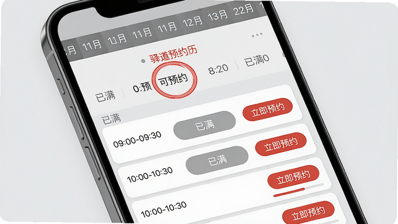 主体:手机屏幕显示驿道预约日历界面;布局:顶部日期滚动条,中间以红色圈出可预约日期,下方列出当天可用时段如“09:00-09:30”“10:00-10:30”,右侧每个时段旁有“立即预约”按钮;风格:卡片式设计,灰白背景,重点信息高亮;细节:已预约时段显示灰色“已满”,预约按钮带有进度条;画质:细腻,文字清晰,无多余元素。