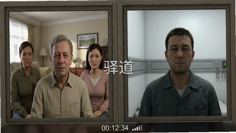 主体:两格视频画面,左侧为家属方,右侧为在押人员方;布局:采用分屏设计,中间有“驿道”水印,底部显示通话时长“00:12:34”及网络信号格;风格:拟物化窗框,画面略带真实光照;细节:家属画面中可见背景为家庭客厅,在押人员画面背景为监室白墙,画面无卡顿;画质:细节锐利,色彩自然。