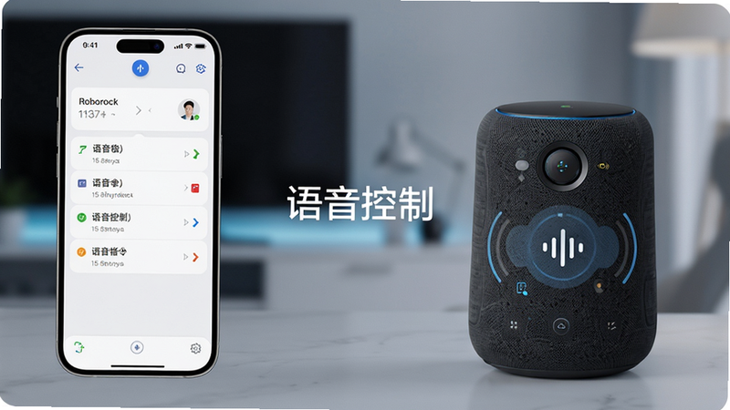 Roborock App语音控制界面,主体为手机屏幕与智能音箱联动场景,布局左右对称,手机显示语音指令列表,音箱正在播放提示音,风格智能科技,画质清晰,无多余元素,文字标注“语音控制”
