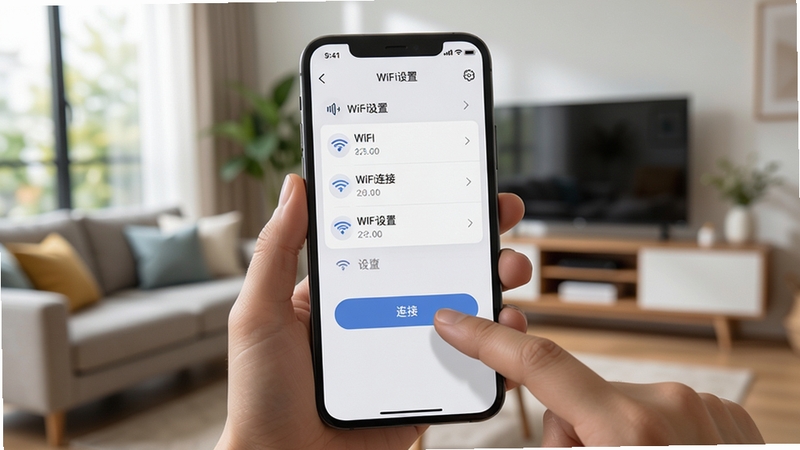 用户正在操作Roborock App设置界面,主体为手机屏幕,布局清晰,显示WiFi连接选项,手指点击“连接”按钮,背景为家居环境,风格真实,画质高清,细节丰富,文字标注“WiFi设置”