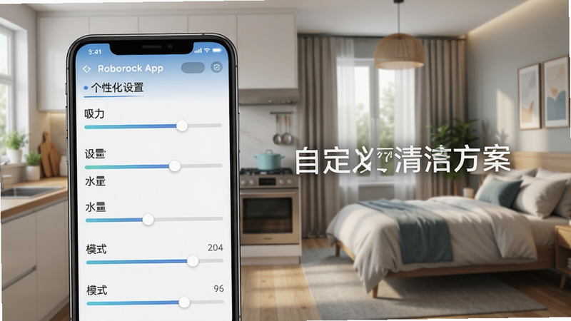 Roborock App个性化设置界面,主体为手机屏幕,布局分栏,显示吸力、水量、模式等滑动调节条,背景为厨房与卧室场景对比,风格清新,画质高清,细节丰富,文字标注“自定义清洁方案”