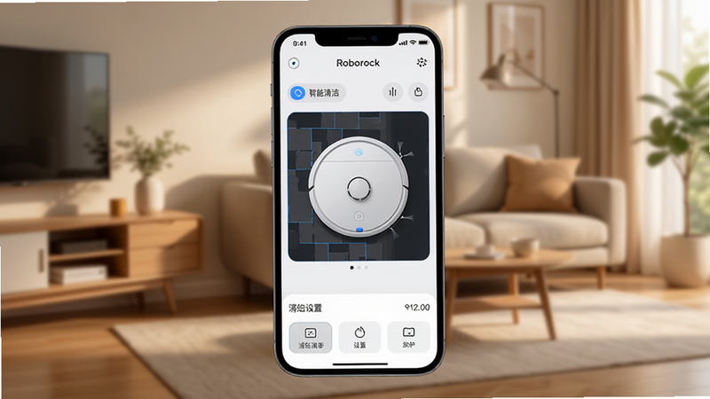 Roborock App主界面预览图,主体为手机屏幕界面,布局居中,显示扫地机器人地图和清扫设置选项,风格现代简洁,采用扁平化设计,背景为温馨客厅,画质高清细腻,干净无多余元素,屏幕中标注“Roborock”和“智能清洁”字样