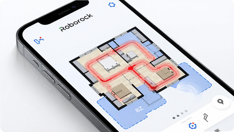 Roborock App地图规划界面,主体为手机屏幕,布局清晰,显示房屋户型图与红色清扫路径,蓝色区域表示禁区,顶部有“Roborock”logo,风格科技感,色彩明快,画质细腻,无多余元素