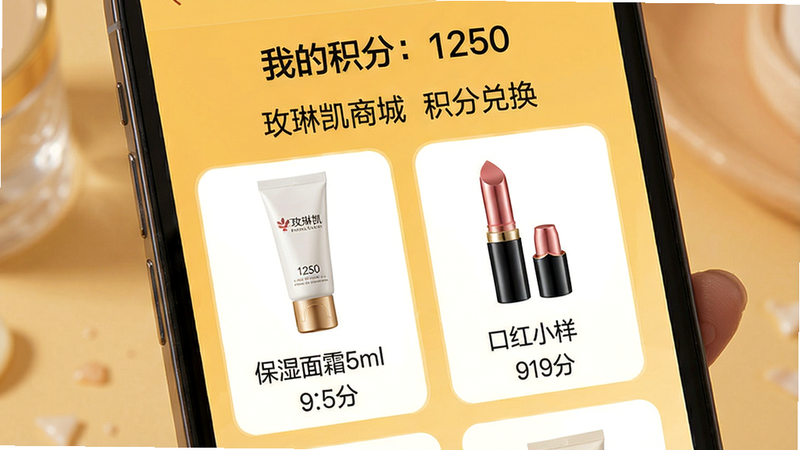 手机界面展示积分商城页面,顶部有“我的积分:1250”字样,下方排列着可兑换的小样图片,如“保湿面霜5ml”“口红小样”,每个商品下方标注所需积分,背景为暖黄色,整体排版整齐,画质细腻,无杂乱元素,文字“玫琳凯商城 积分兑换”