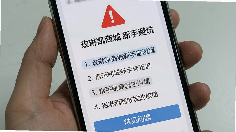 手机屏幕上显示一份新手操作指南的滚动页面,上方有红色警告图标,中间步骤用蓝色和灰色标注,底部有一个“常见问题”按钮,背景为浅灰色,排版清晰,画质干净,无多余元素,文字包括“玫琳凯商城 新手避坑”