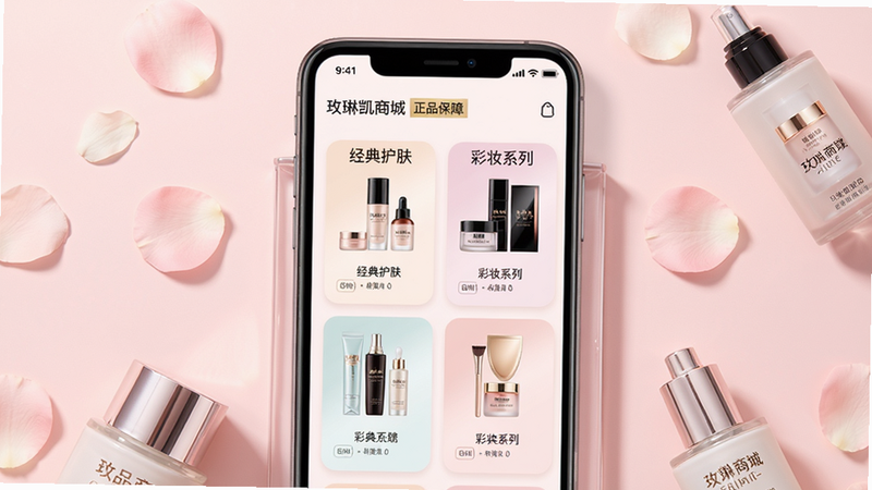 画面中央展示玫琳凯商城的手机界面,屏幕上陈列着“经典护肤”“彩妆系列”等产品分类卡片,背景是柔和的淡粉色渐变,手机周围点缀着花瓣和护肤瓶,整体风格干净明亮,产品图清晰,画质细节丰富,无多余元素,文字标注“玫琳凯商城 正品保障”