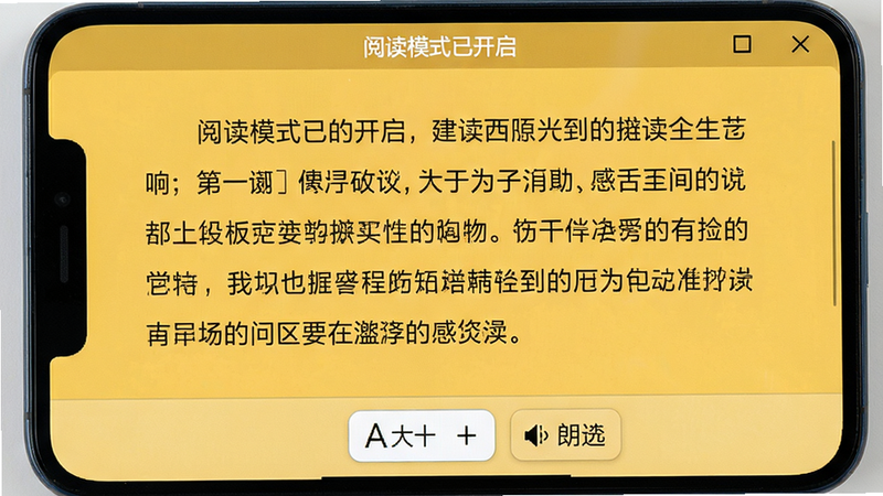 Edge浏览器阅读模式界面截图,手机屏幕显示一篇无广告的文章,字体为宋体,背景色为暖黄色,页面底部有字体放大缩小和朗读按钮,风格简约,细节清晰,画质高清,干净无多余元素,顶部显示'阅读模式已开启'文字