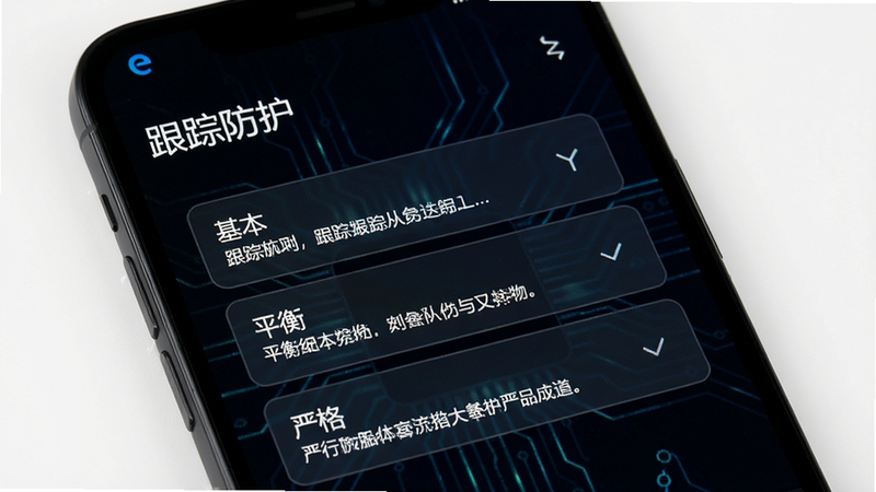 Edge浏览器隐私保护设置界面,手机屏幕显示跟踪防护等级选择页面,有基本、平衡、严格三个选项,每个选项下方有说明文字,背景为深色,风格科技感,细节清晰,画质高清,干净无多余元素,屏幕上方显示'跟踪防护'标题