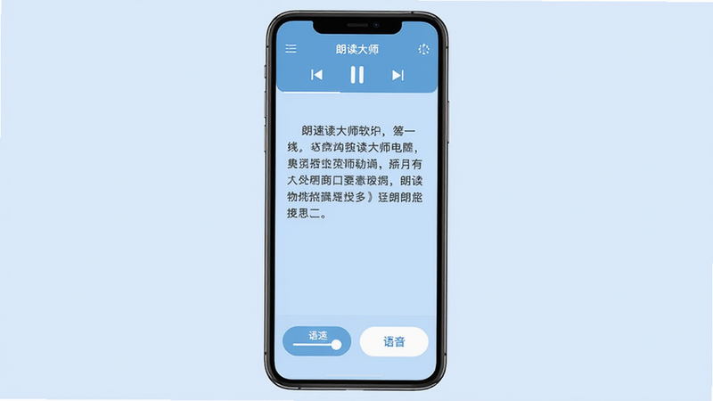 朗读大师软件主界面预览,手机屏幕显示朗读大师APP,背景为淡蓝色,界面布局清晰,顶部有播放控制栏,中部显示正在朗读的文本内容,底部有语速调节、语音切换等按钮,整体风格扁平化,干净整洁,高清画质,无多余元素