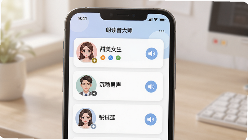 语音引擎选择界面,手机屏幕上显示朗读大师语音库列表,包含多种音色名称如\