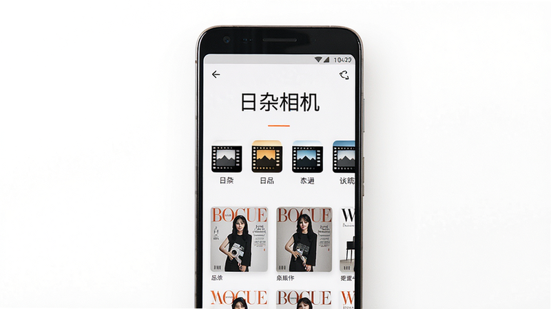 日杂相机app界面预览,主体为一部安卓手机居中显示,屏幕内展示日杂相机主界面,上方有“日杂相机”字样,下方排列多个胶片滤镜图标和杂志封面模板缩略图,背景为纯白色,排版简洁干净,风格文艺清新,细节清晰,画质高清,无多余元素