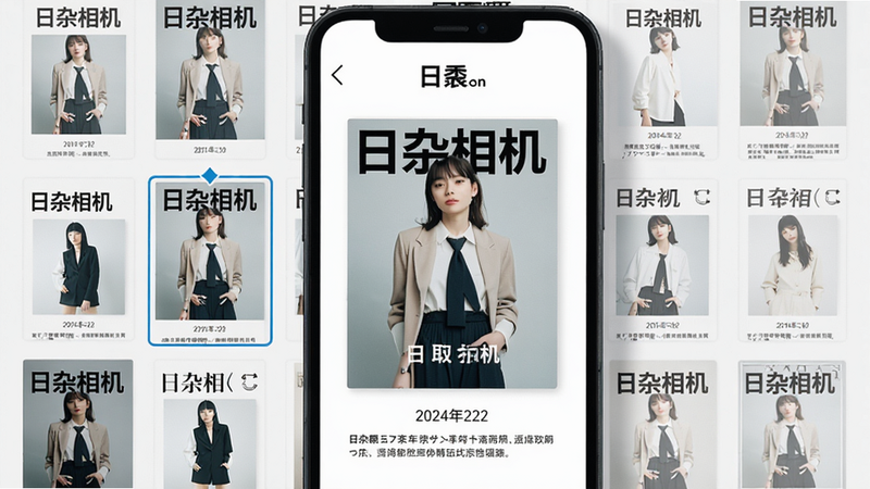 日杂相机杂志封面模板界面,主体为手机屏幕,展示多个模板缩略图,选中一个时尚杂志模板,屏幕中央显示合成后的封面效果,标题为“日杂相机”,下方有日期和简介,排版整洁,风格日系简约,画质高清,细节清晰