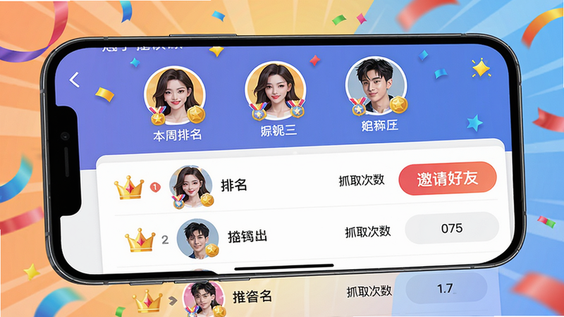 主体:手机屏幕展示大夹乐社交排行榜页面,布局:顶部显示本周排名前三名的头像和昵称,下方列表展示其他玩家排名和抓取次数,右侧有