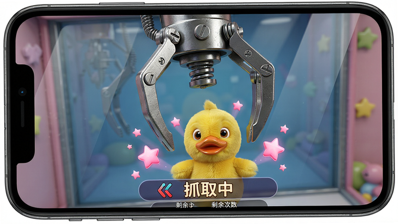 主体:手机屏幕展示大夹乐抓娃娃游戏界面,布局:一个正在下落的金属夹子对准一只小黄鸭玩偶,夹子带有金属光泽和机械结构细节,玩偶周围有粉红色小星星特效。排版:界面下方显示